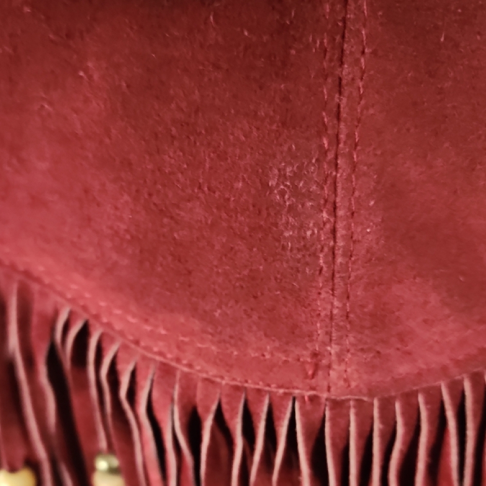 Italian Made Red Suede Leather Boho Fringe Hobo Bag | Beaded Tassels - Picture 4 of 16